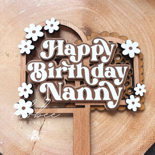 Laser Cut Wooden Retro Flowers Cake Topper - Happy Birthday