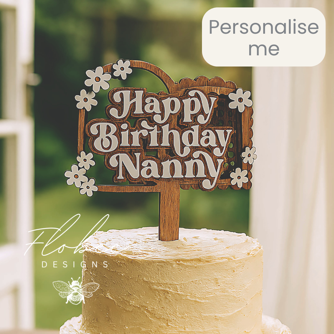 Laser Cut Wooden Retro Flowers Cake Topper - Happy Birthday