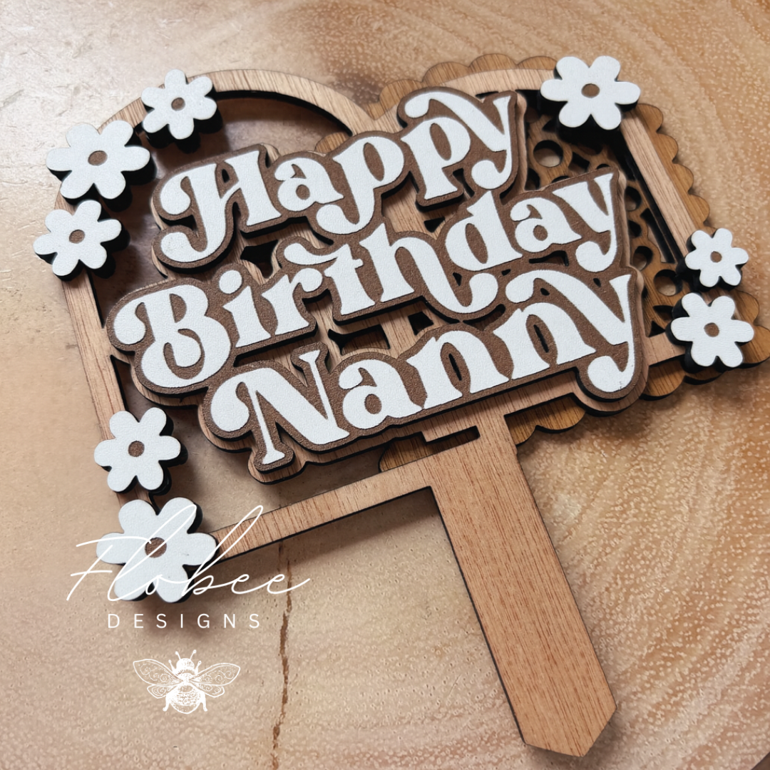 Laser Cut Wooden Retro Flowers Cake Topper - Happy Birthday